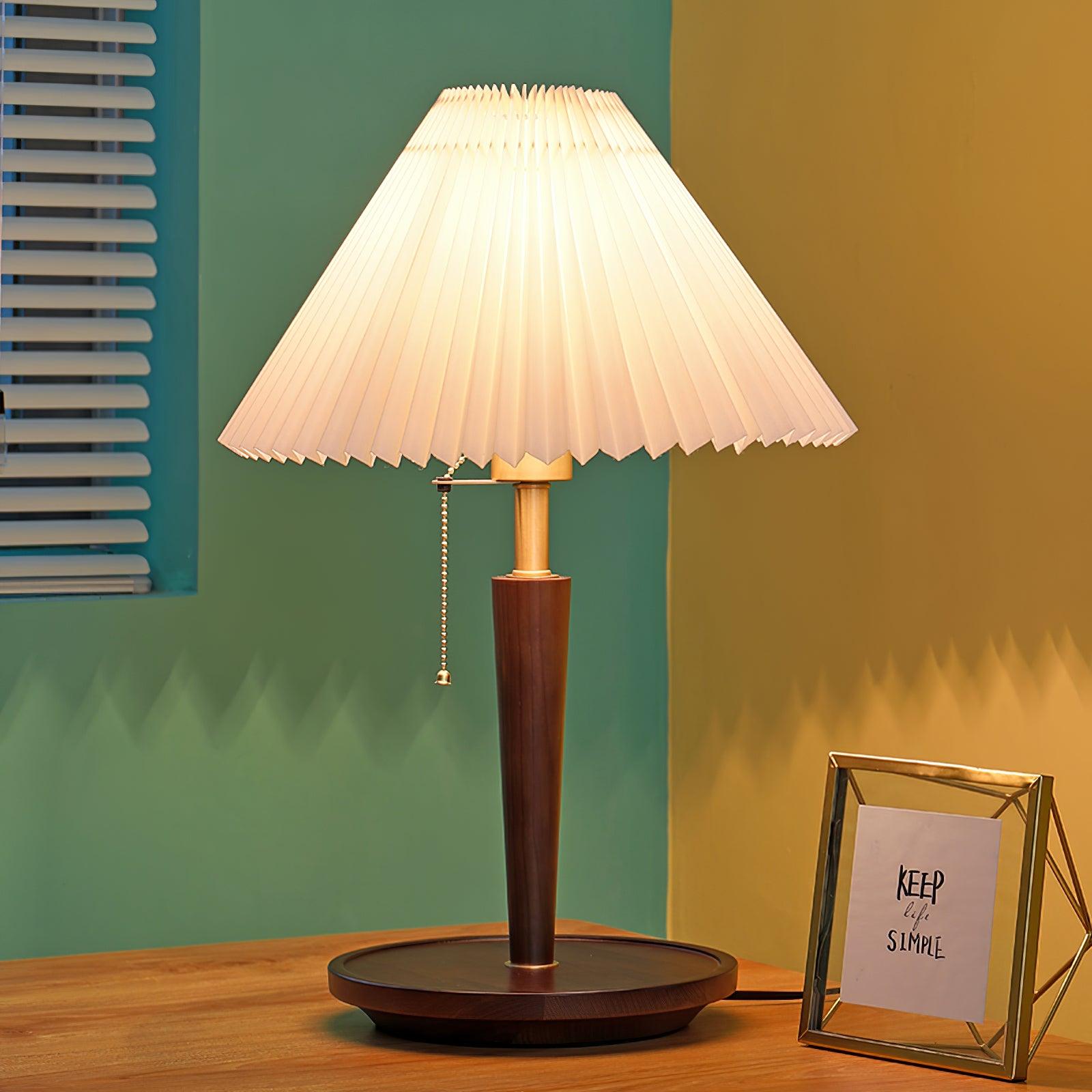 Modern Scandinavian Wooden Table Lamp with White Pleated Fabric Cone Shade