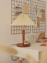 Modern Scandinavian Wooden Table Lamp with White Pleated Fabric Cone Shade