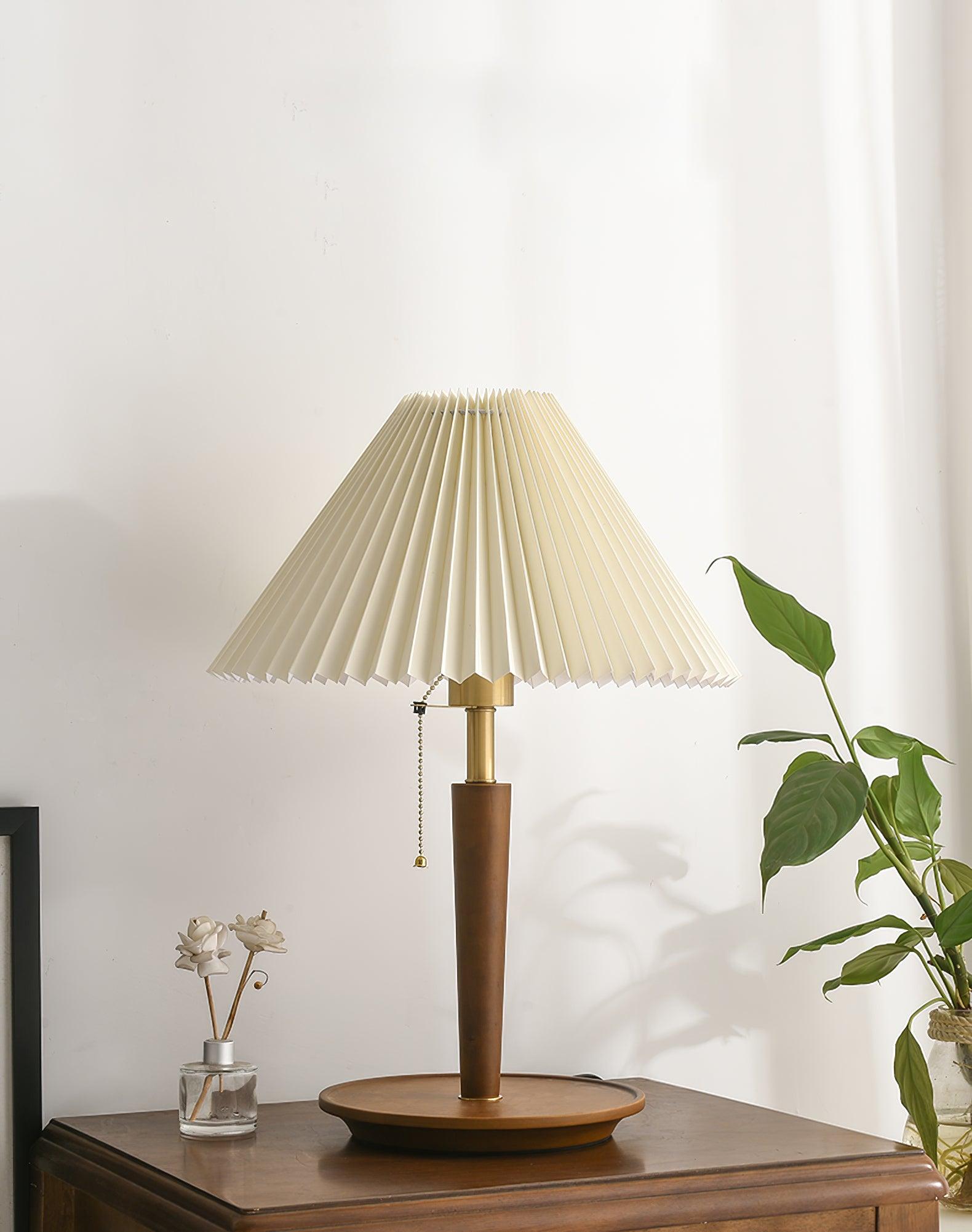 Modern Scandinavian Wooden Table Lamp with White Pleated Fabric Cone Shade