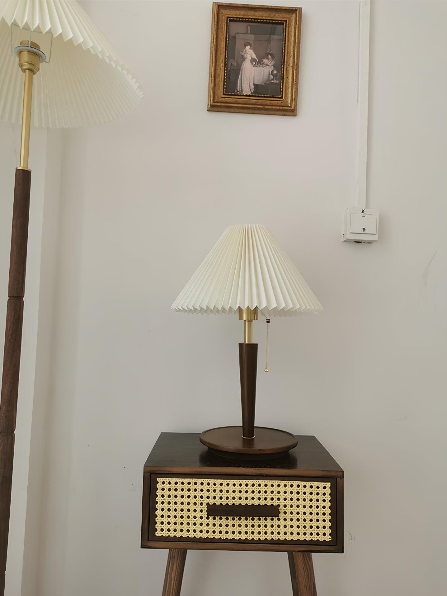 Modern Scandinavian Wooden Table Lamp with White Pleated Fabric Cone Shade