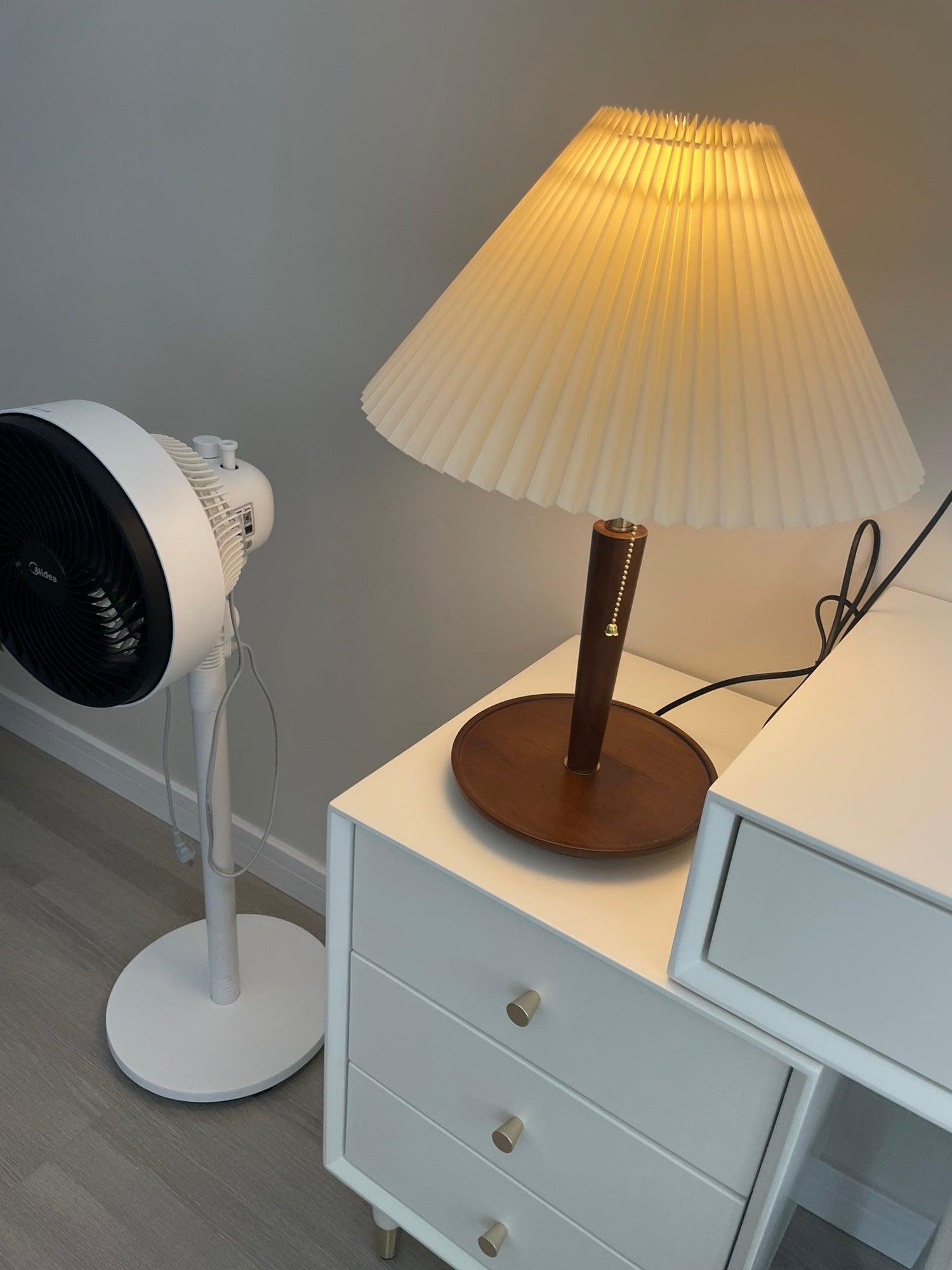 Modern Scandinavian Wooden Table Lamp with White Pleated Fabric Cone Shade