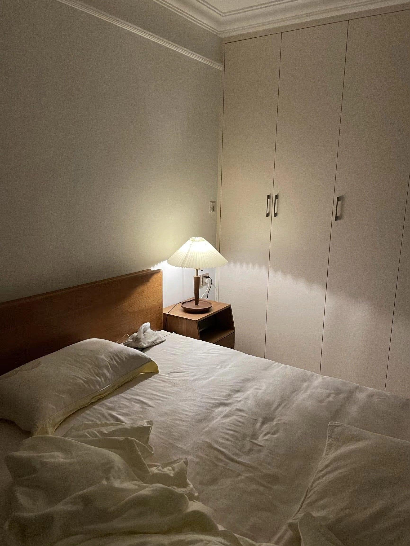 Modern Scandinavian Wooden Table Lamp with White Pleated Fabric Cone Shade