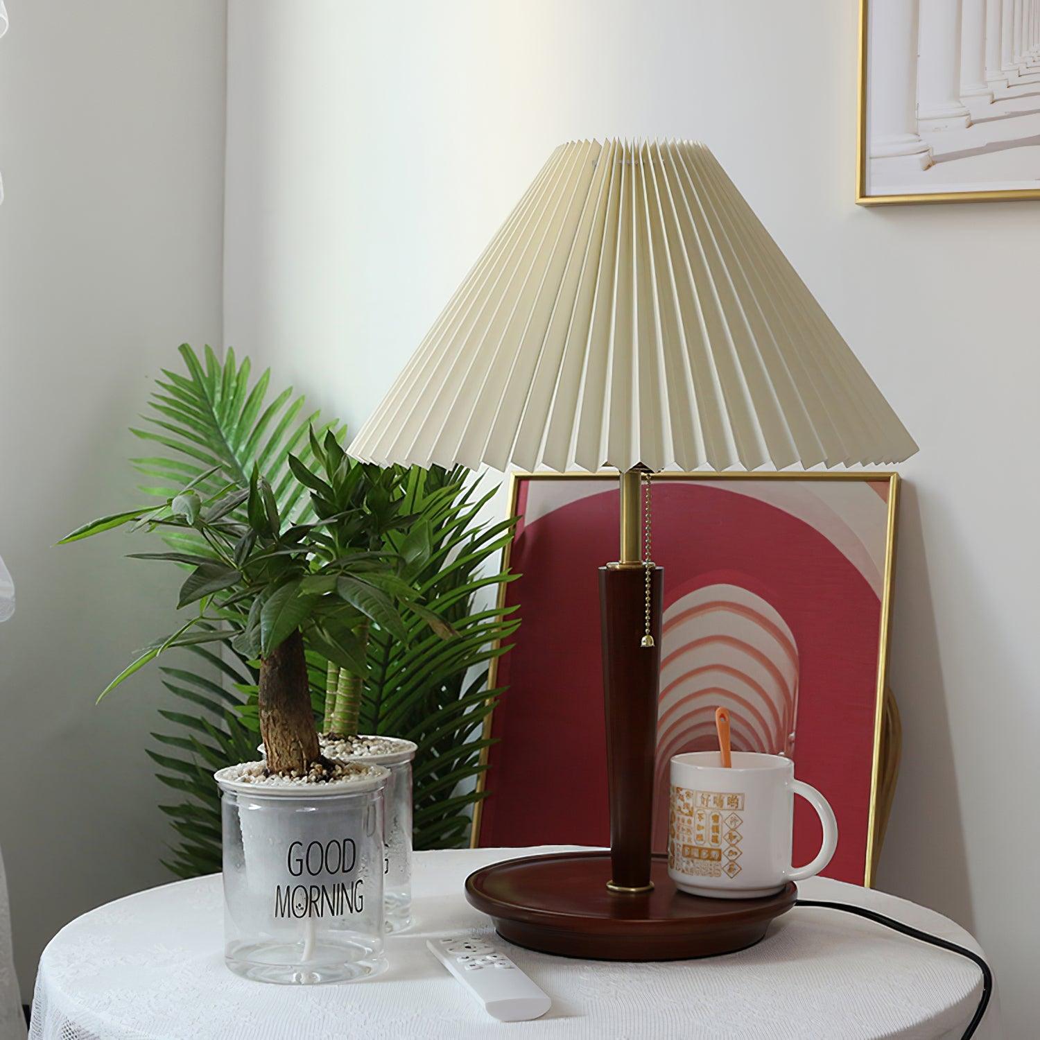 Modern Scandinavian Wooden Table Lamp with White Pleated Fabric Cone Shade