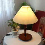Modern Scandinavian Wooden Table Lamp with White Pleated Fabric Cone Shade