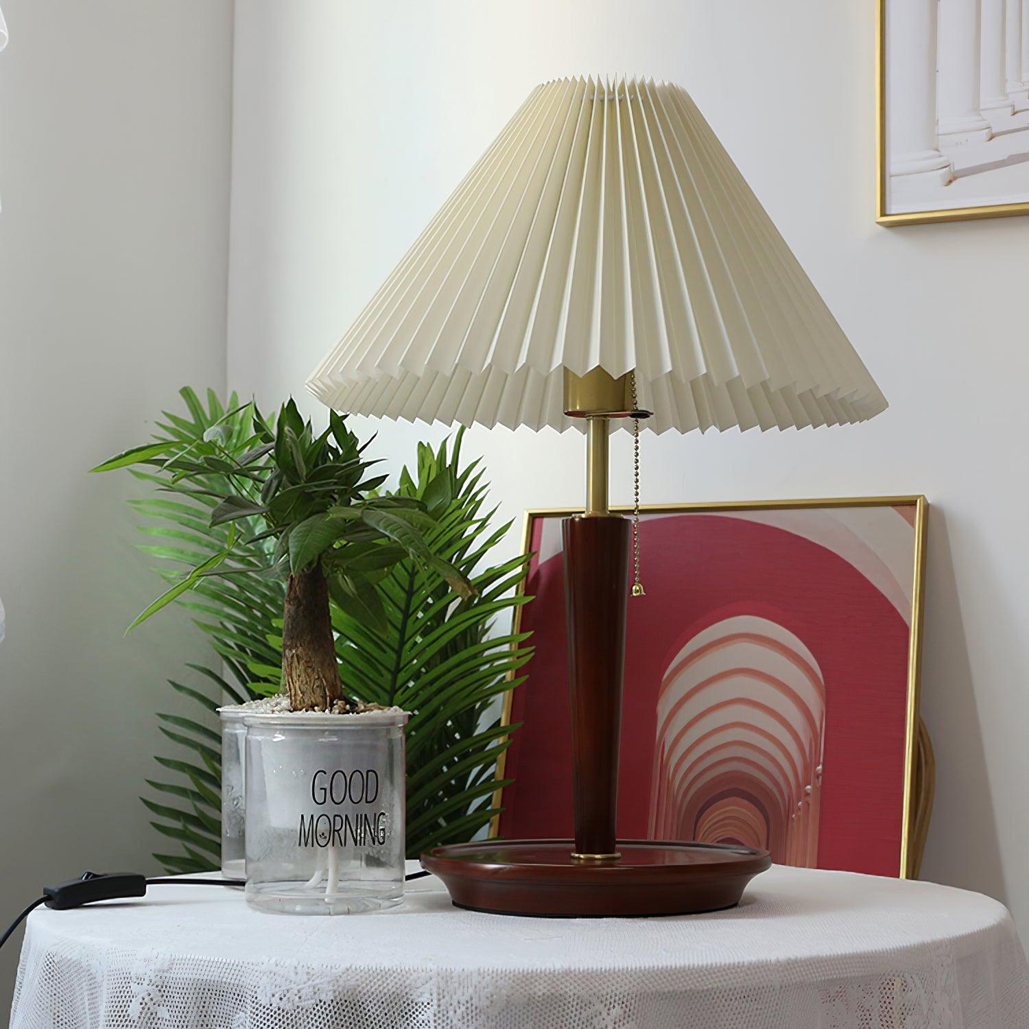 Modern Scandinavian Wooden Table Lamp with White Pleated Fabric Cone Shade