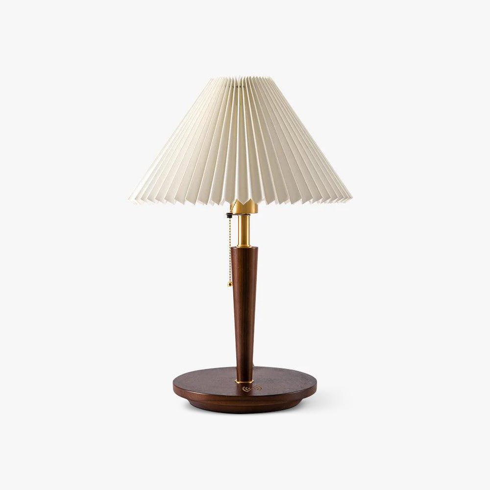 Modern Scandinavian Wooden Table Lamp with White Pleated Fabric Cone Shade