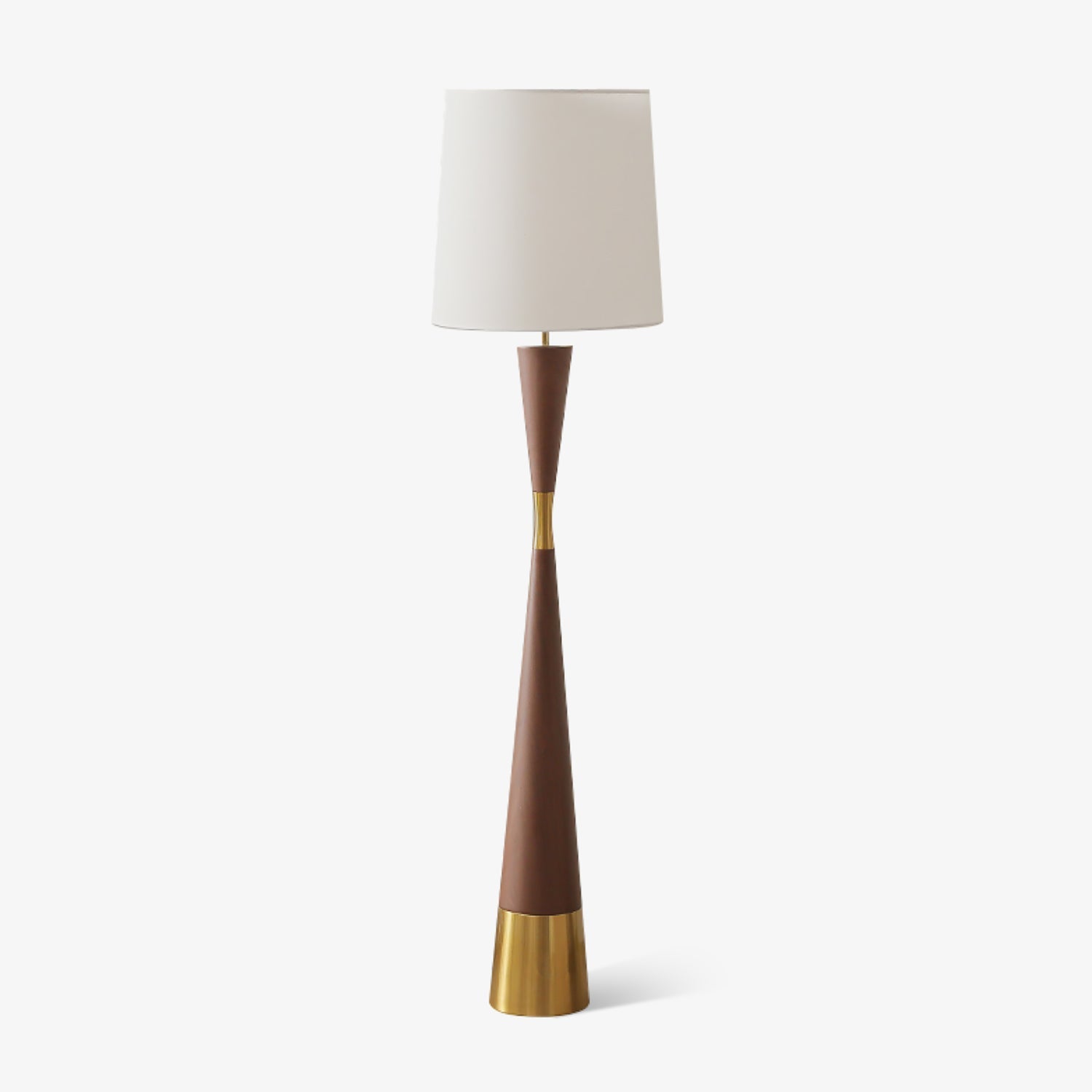 Modern Walnut Wood Grain Cone Waist Floor Lamp with White Fabric Shade for Living Room