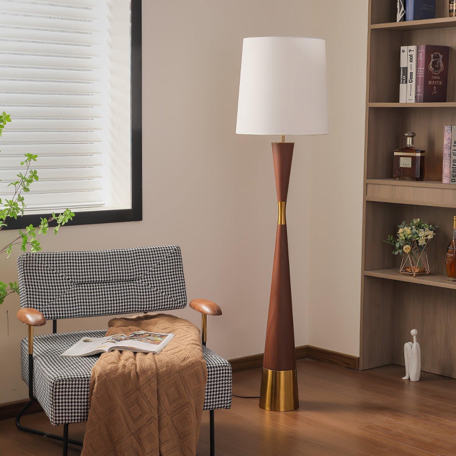 Modern Walnut Wood Grain Cone Waist Floor Lamp with White Fabric Shade for Living Room