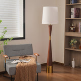 Modern Walnut Wood Grain Cone Waist Floor Lamp with White Fabric Shade for Living Room