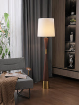 Modern Walnut Wood Grain Cone Waist Floor Lamp with White Fabric Shade for Living Room