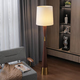 Modern Walnut Wood Grain Cone Waist Floor Lamp with White Fabric Shade for Living Room