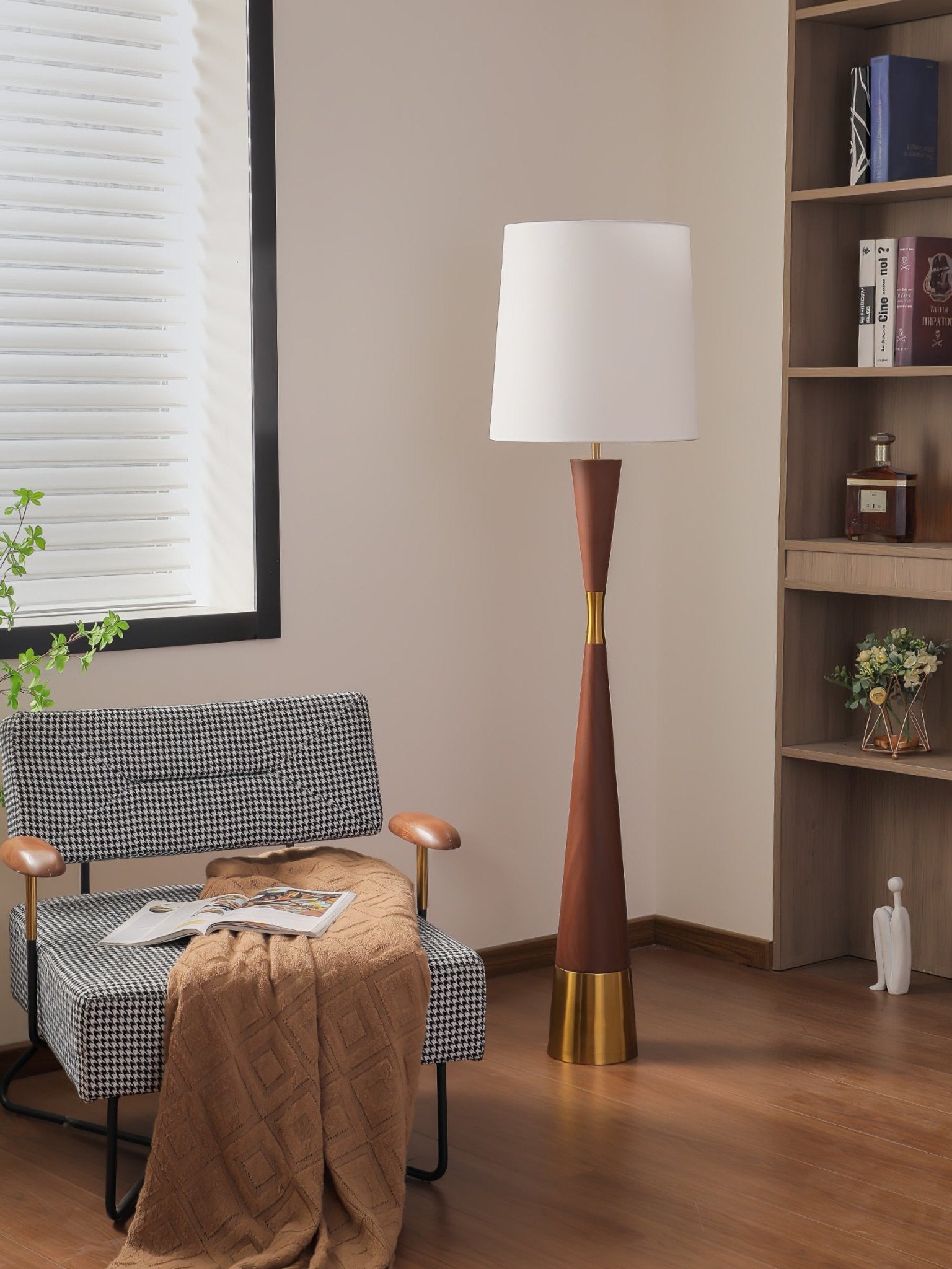 Modern Walnut Wood Grain Cone Waist Floor Lamp with White Fabric Shade for Living Room