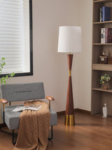 Modern Walnut Wood Grain Cone Waist Floor Lamp with White Fabric Shade for Living Room