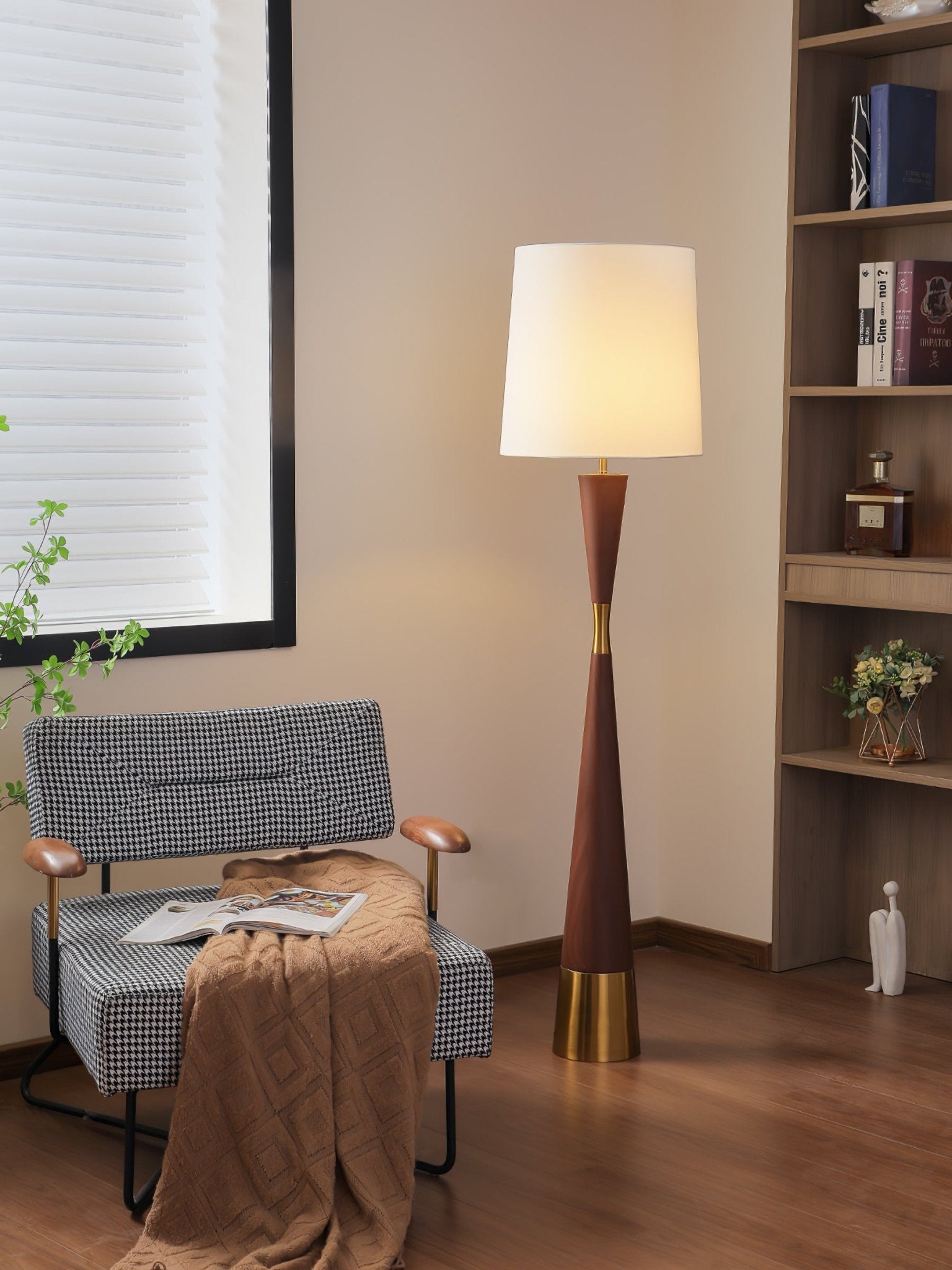Modern Walnut Wood Grain Cone Waist Floor Lamp with White Fabric Shade for Living Room