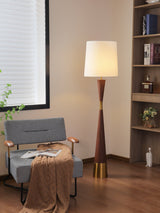 Modern Walnut Wood Grain Cone Waist Floor Lamp with White Fabric Shade for Living Room