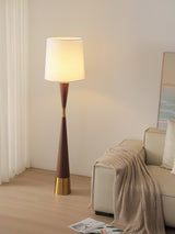 Modern Walnut Wood Grain Cone Waist Floor Lamp with White Fabric Shade for Living Room