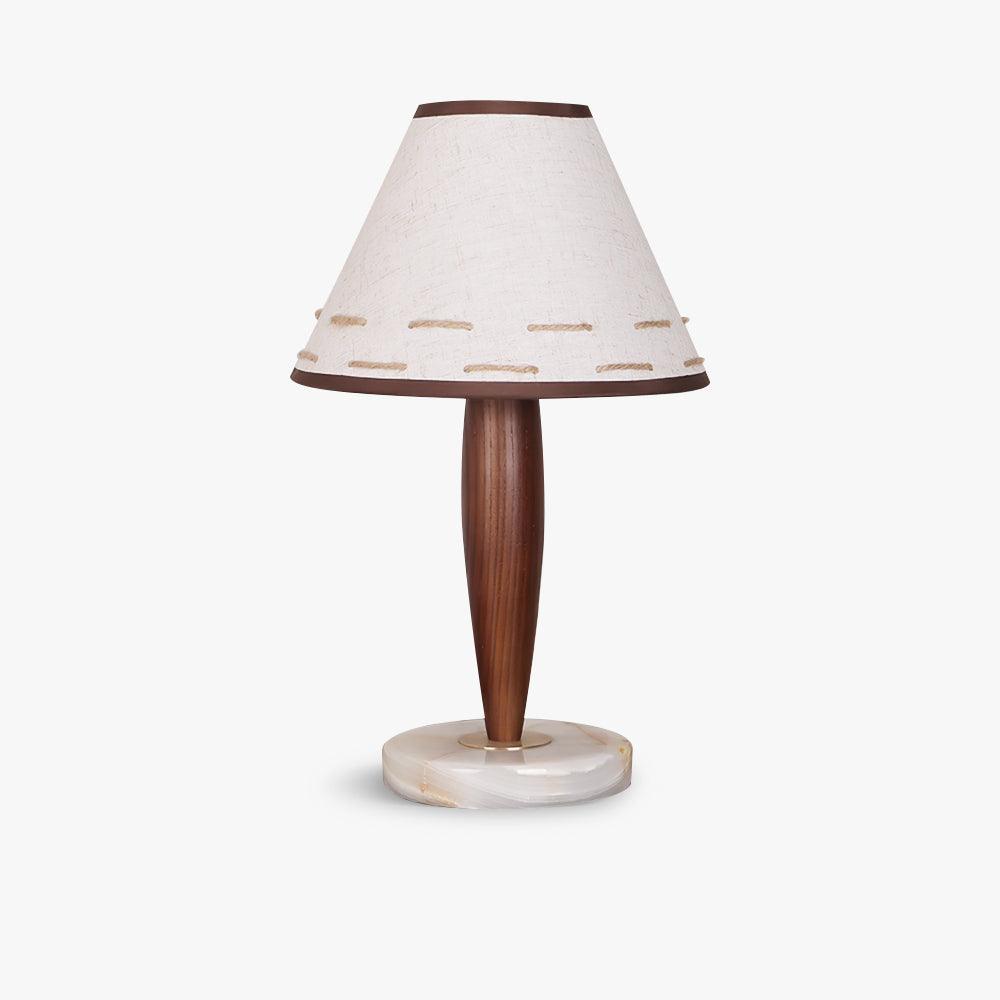 Modern Walnut Conical Table Lamp with White Fabric Shade and Marble Base
