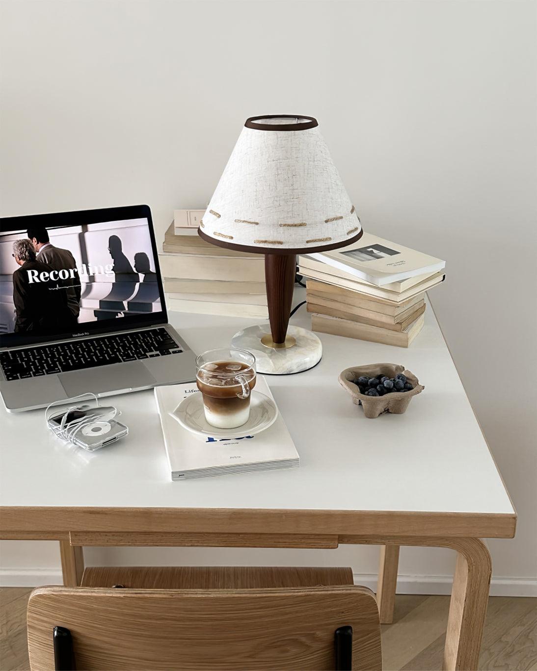 Modern Walnut Conical Table Lamp with White Fabric Shade and Marble Base