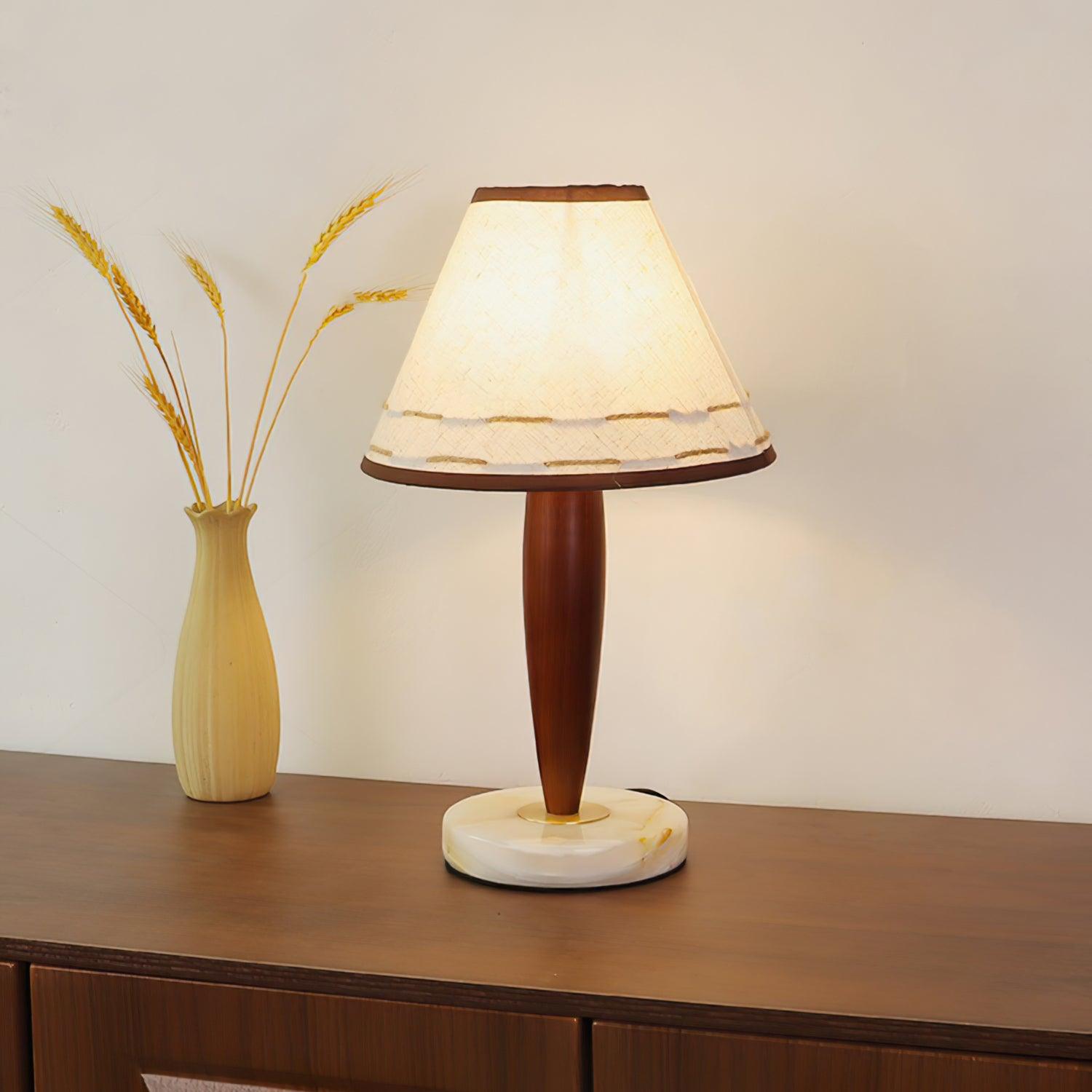 Modern Walnut Conical Table Lamp with White Fabric Shade and Marble Base