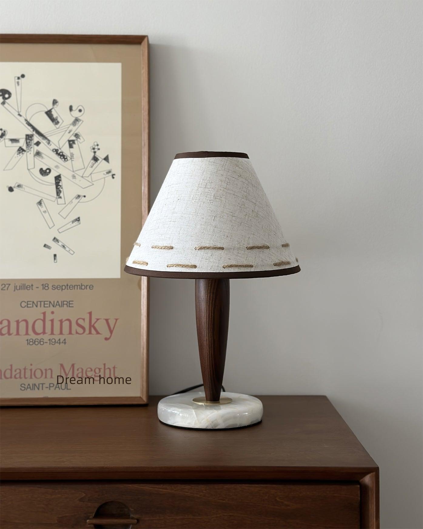 Modern Walnut Conical Table Lamp with White Fabric Shade and Marble Base