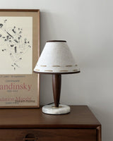 Modern Walnut Conical Table Lamp with White Fabric Shade and Marble Base