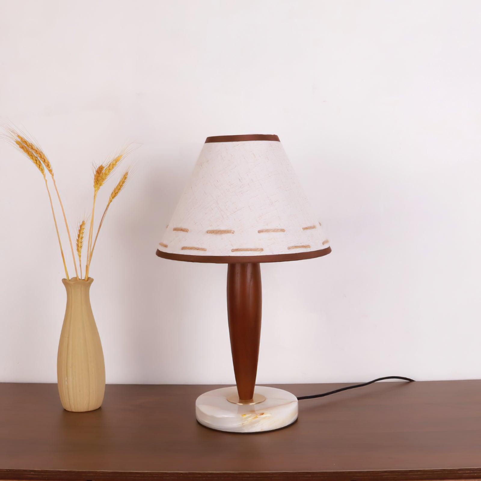 Modern Walnut Conical Table Lamp with White Fabric Shade and Marble Base