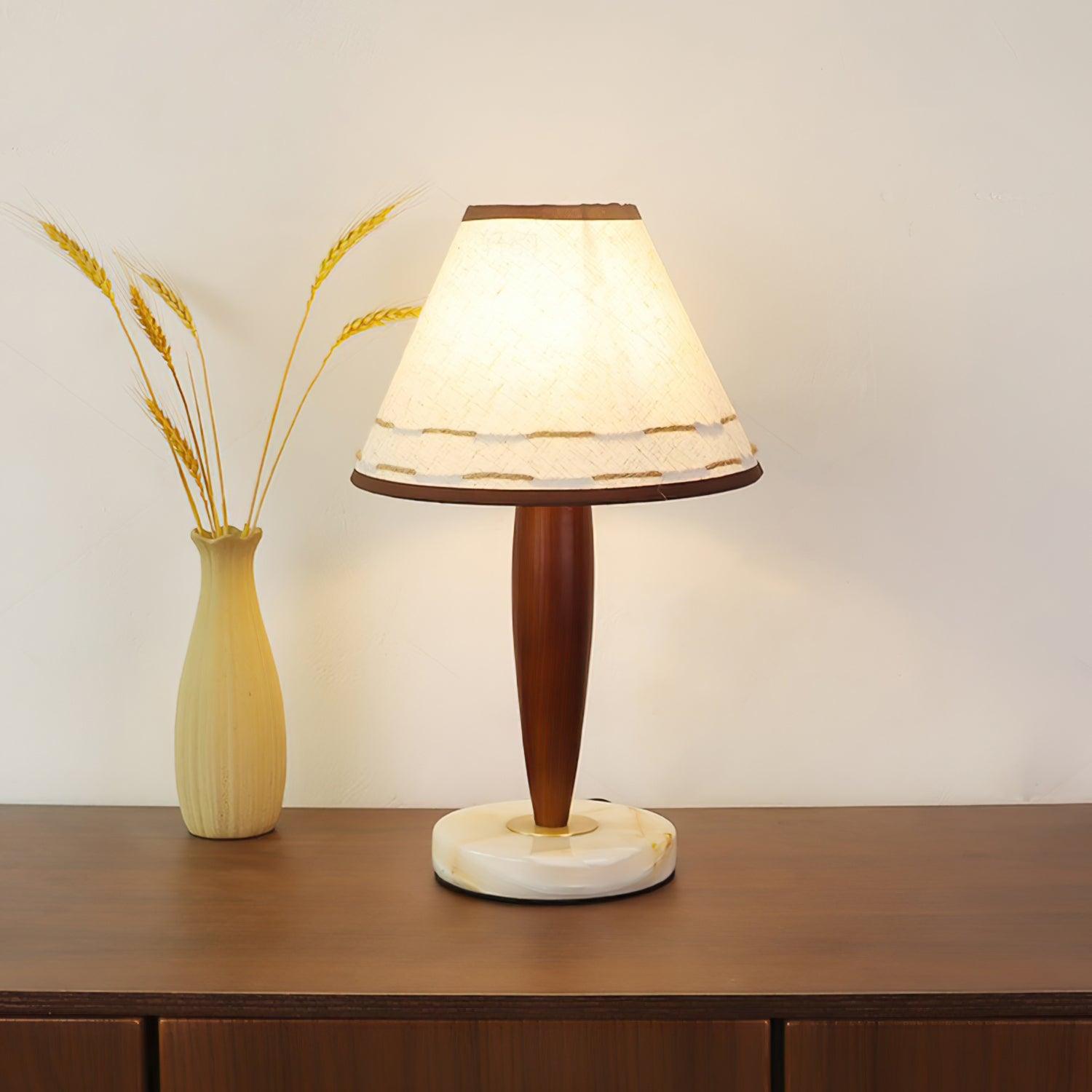 Modern Walnut Conical Table Lamp with White Fabric Shade and Marble Base