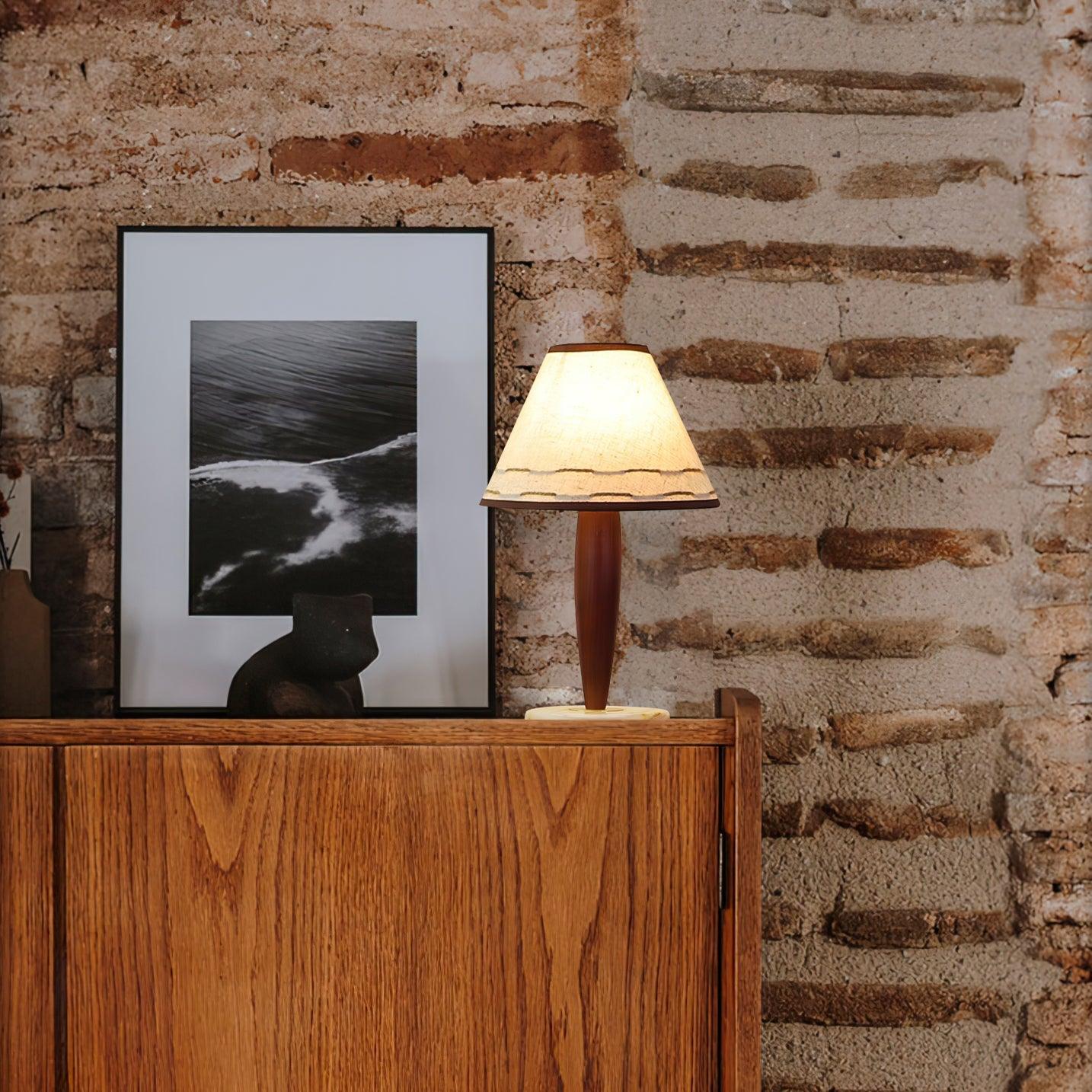 Modern Walnut Conical Table Lamp with White Fabric Shade and Marble Base