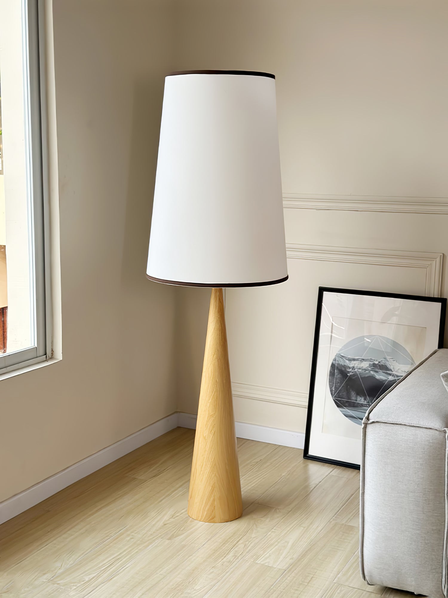 Walnut Wood Grain Conical Torchiere Floor Lamp with White Fabric Shade for Living Room