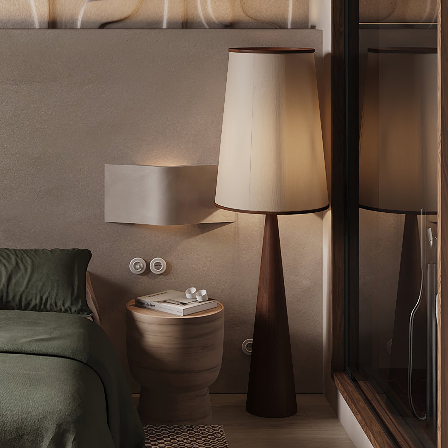 Walnut Wood Grain Conical Torchiere Floor Lamp with White Fabric Shade for Living Room