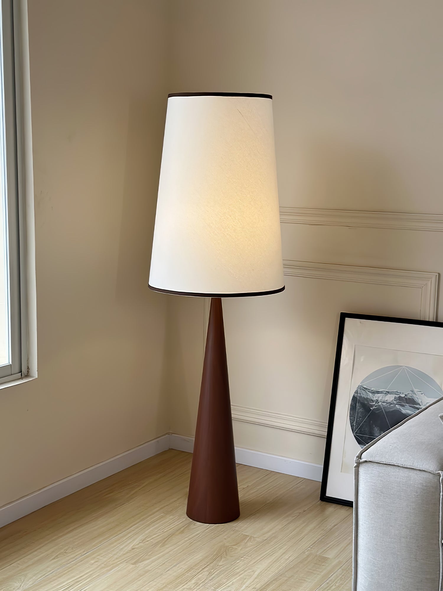 Walnut Wood Grain Conical Torchiere Floor Lamp with White Fabric Shade for Living Room