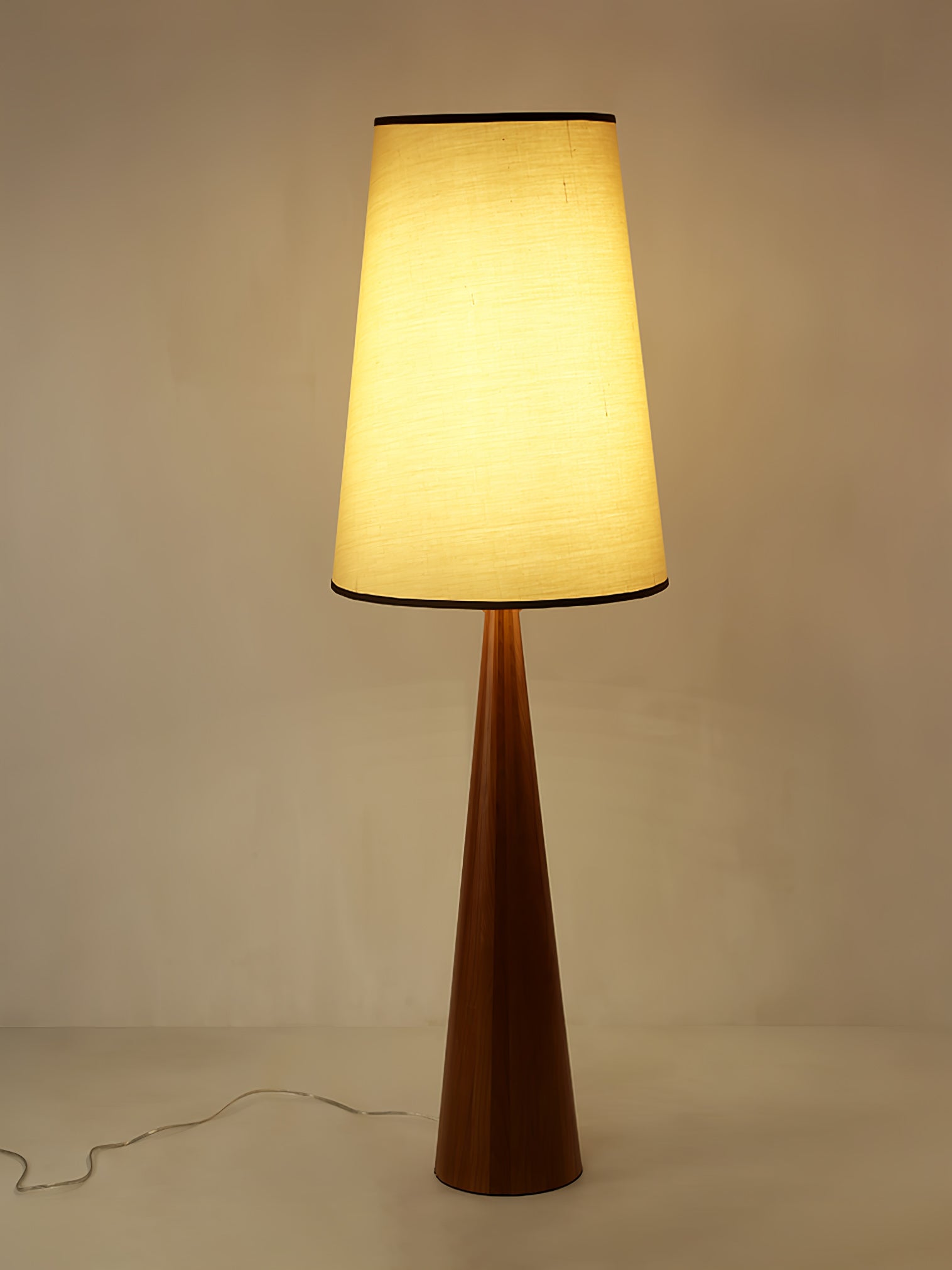 Walnut Wood Grain Conical Torchiere Floor Lamp with White Fabric Shade for Living Room