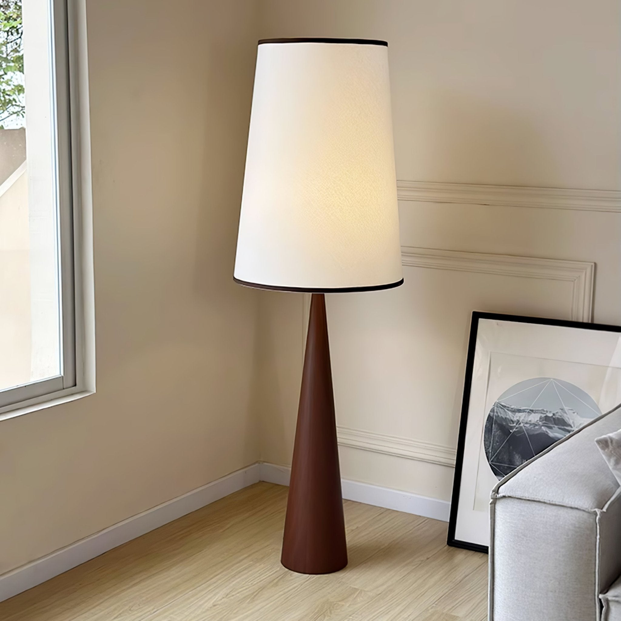 Walnut Wood Grain Conical Torchiere Floor Lamp with White Fabric Shade for Living Room