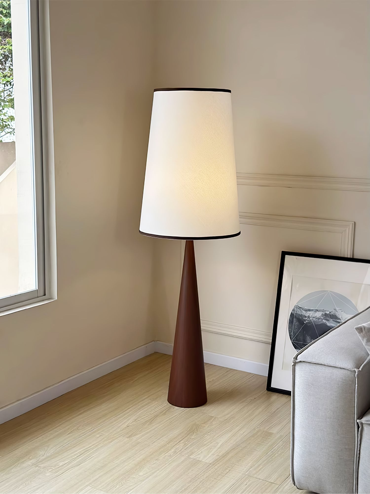 Walnut Wood Grain Conical Torchiere Floor Lamp with White Fabric Shade for Living Room