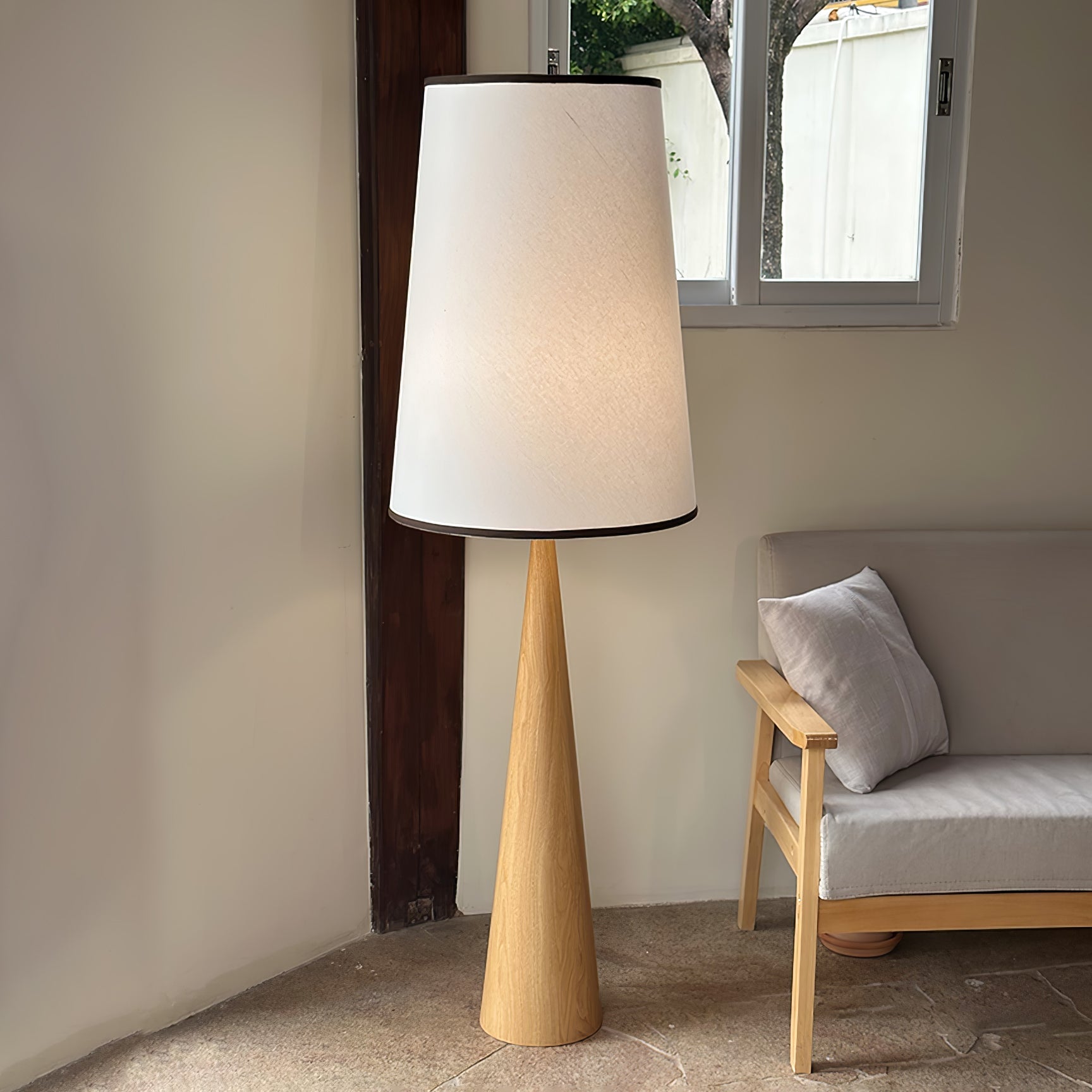 Walnut Wood Grain Conical Torchiere Floor Lamp with White Fabric Shade for Living Room
