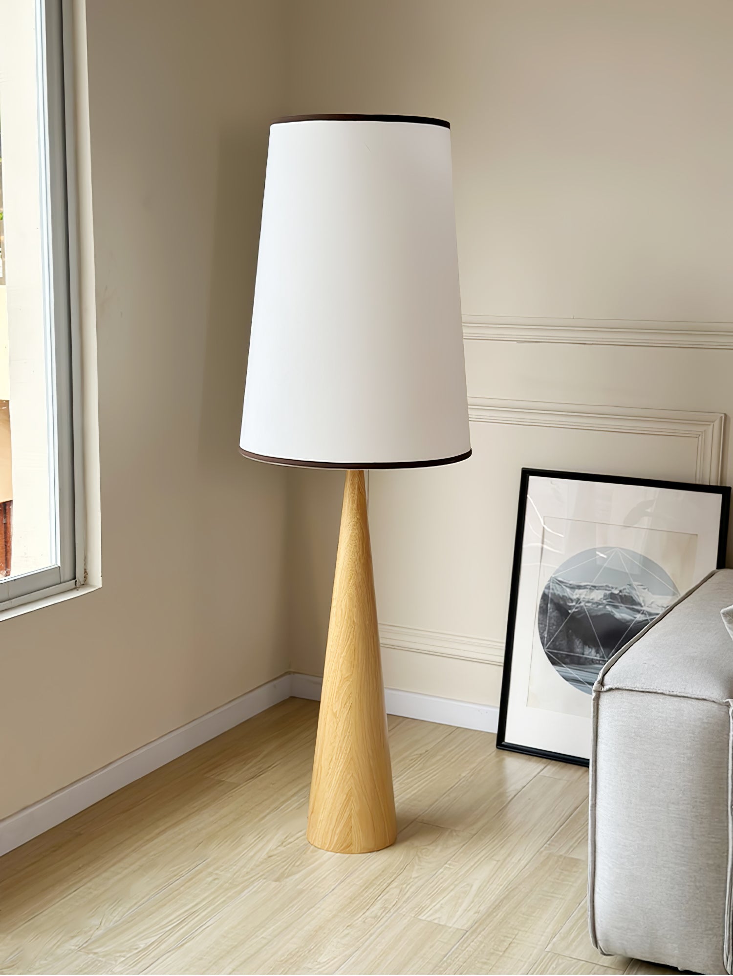 Walnut Wood Grain Conical Torchiere Floor Lamp with White Fabric Shade for Living Room
