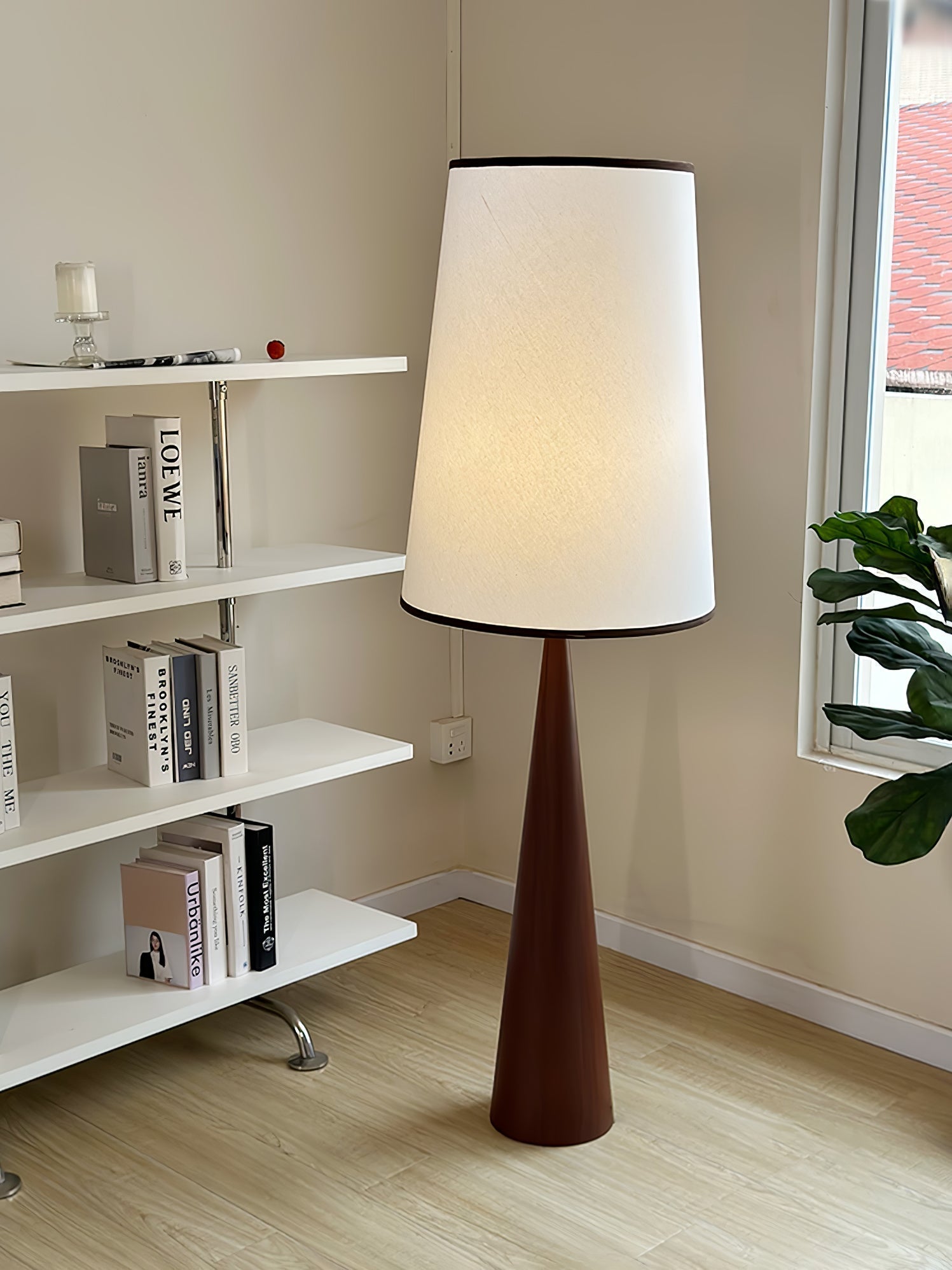 Walnut Wood Grain Conical Torchiere Floor Lamp with White Fabric Shade for Living Room
