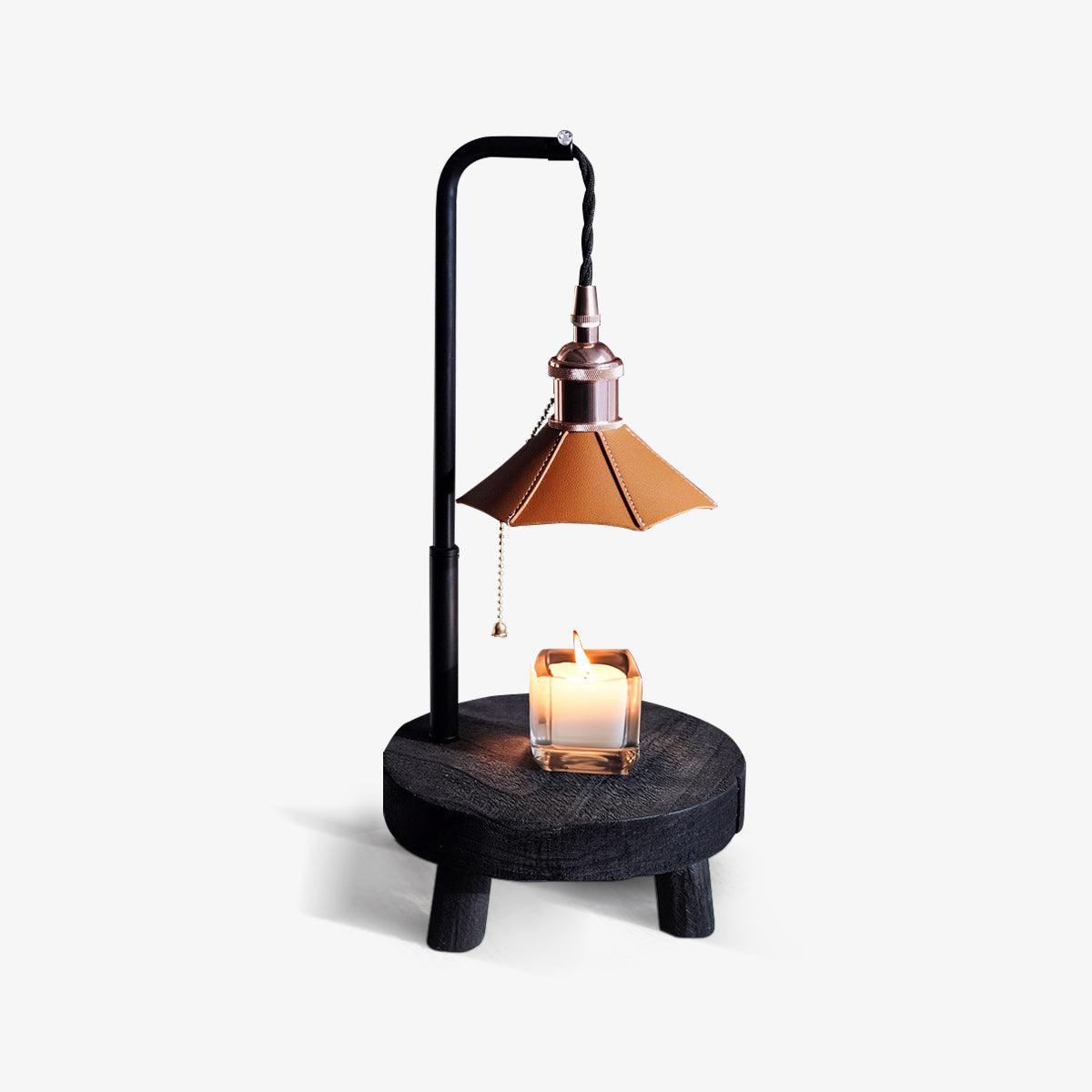 Modern Wooden Stool Style Side Table Lamp with Leather Accents and Candle Warmer Function