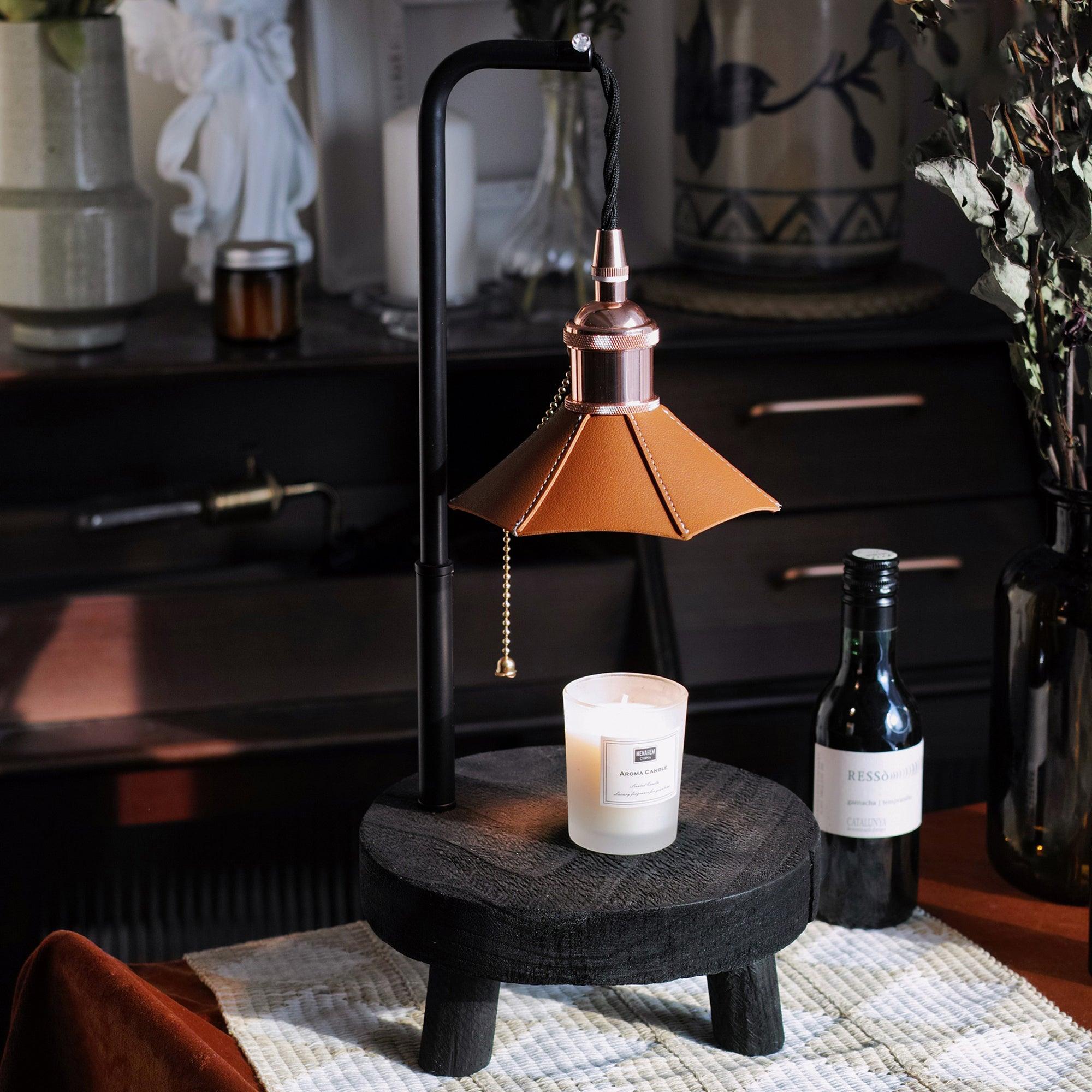 Modern Wooden Stool Style Side Table Lamp with Leather Accents and Candle Warmer Function