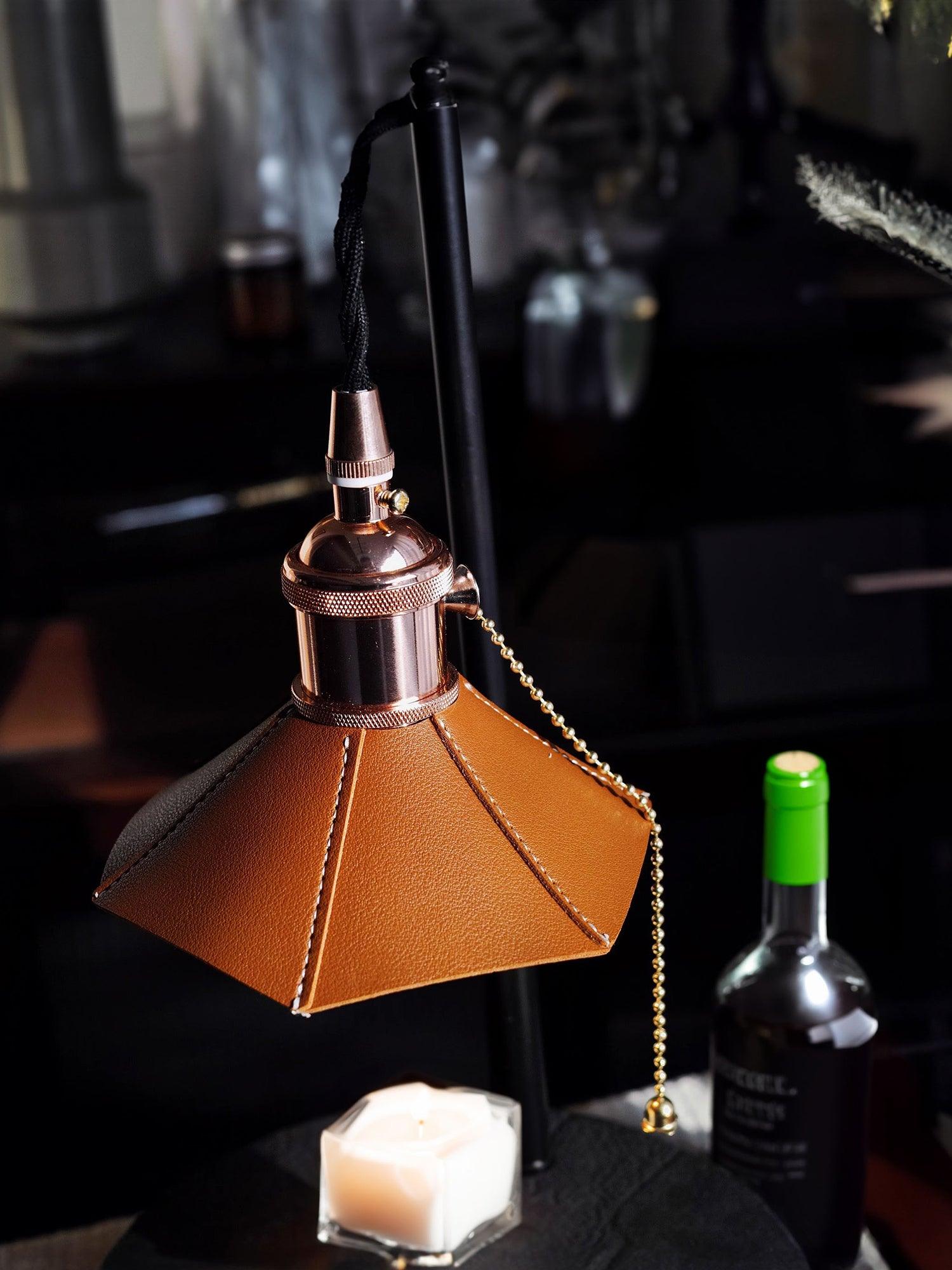 Modern Wooden Stool Style Side Table Lamp with Leather Accents and Candle Warmer Function