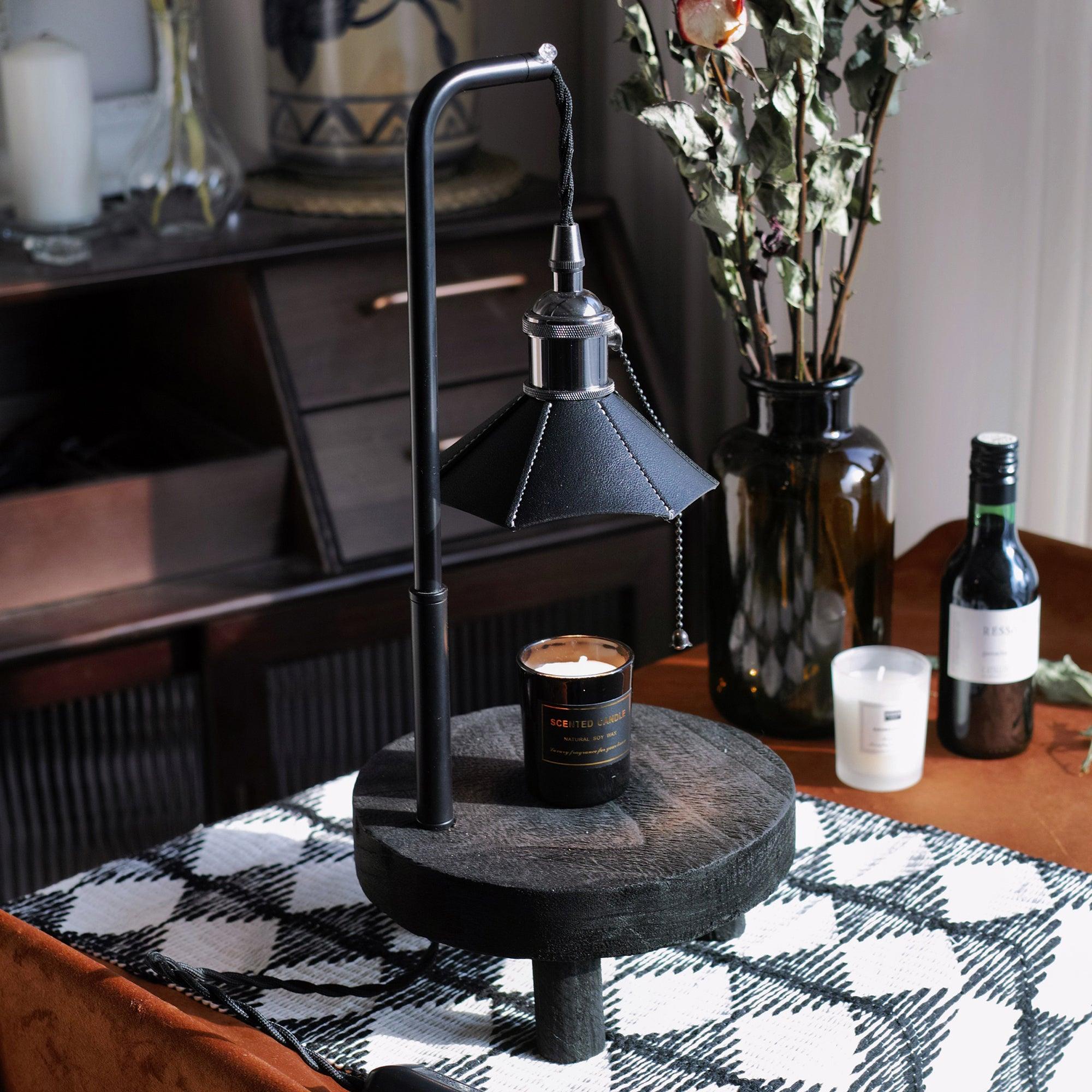 Modern Wooden Stool Style Side Table Lamp with Leather Accents and Candle Warmer Function