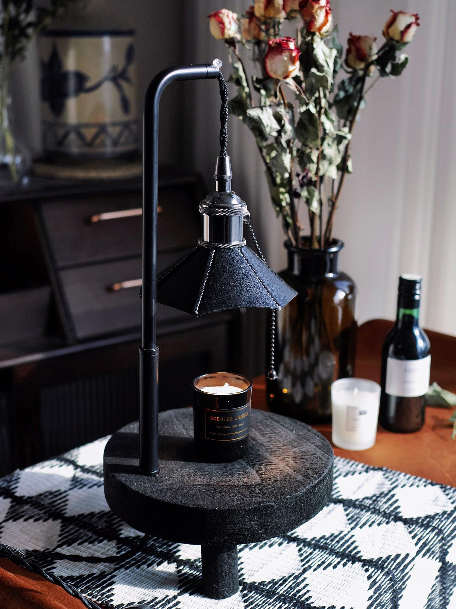 Modern Wooden Stool Style Side Table Lamp with Leather Accents and Candle Warmer Function