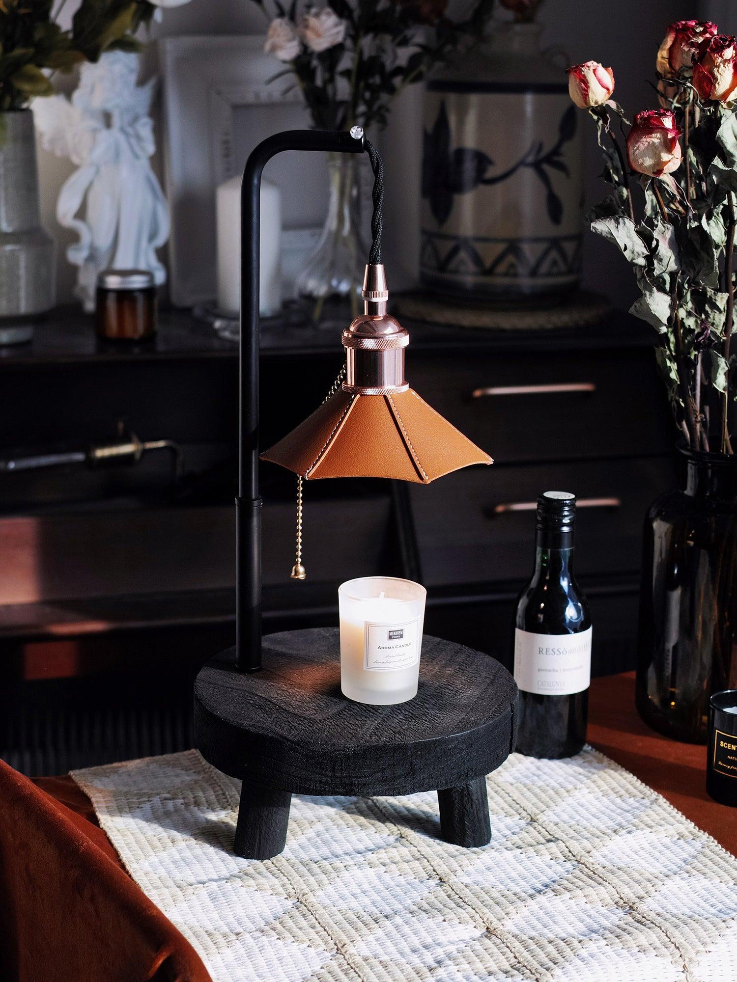 Modern Wooden Stool Style Side Table Lamp with Leather Accents and Candle Warmer Function