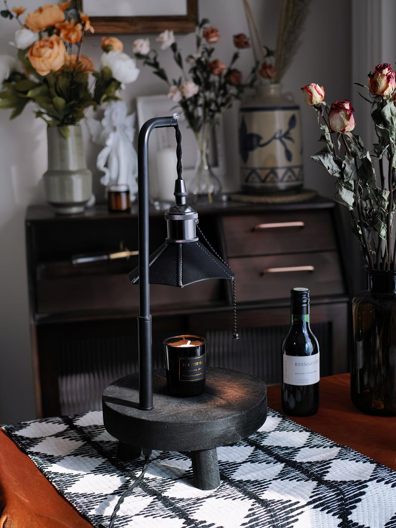 Modern Wooden Stool Style Side Table Lamp with Leather Accents and Candle Warmer Function