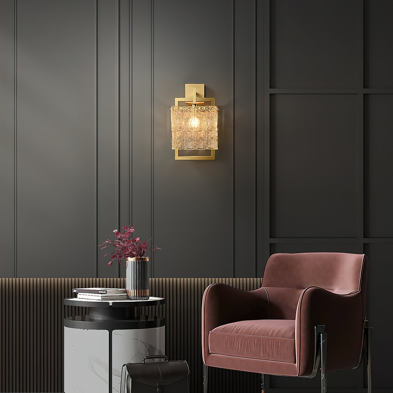 geometric-brass-wall-light-with-corrugated-glass-shade-for-modern-indoor-home-decor