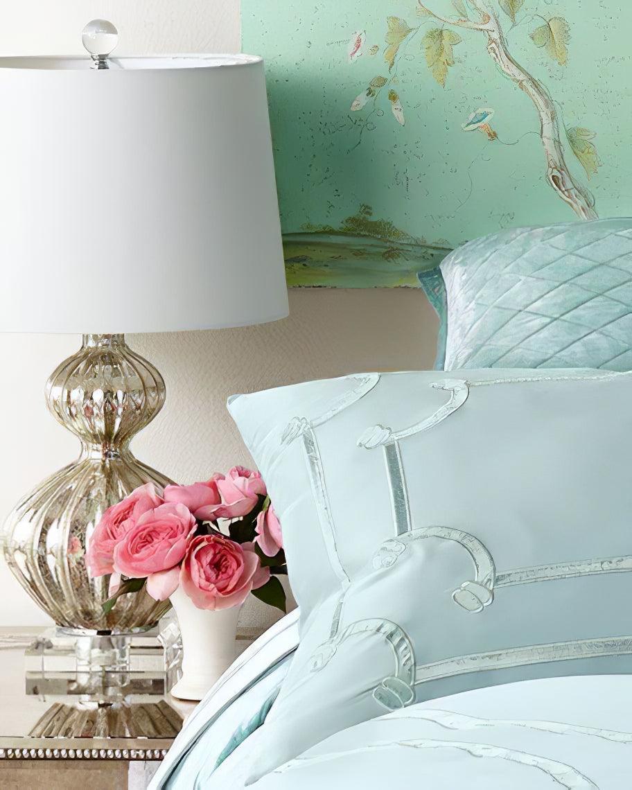 Elegant Mercury Glass Bedside Nightstand Lamp with Fabric Drum Shade Silver Finish
