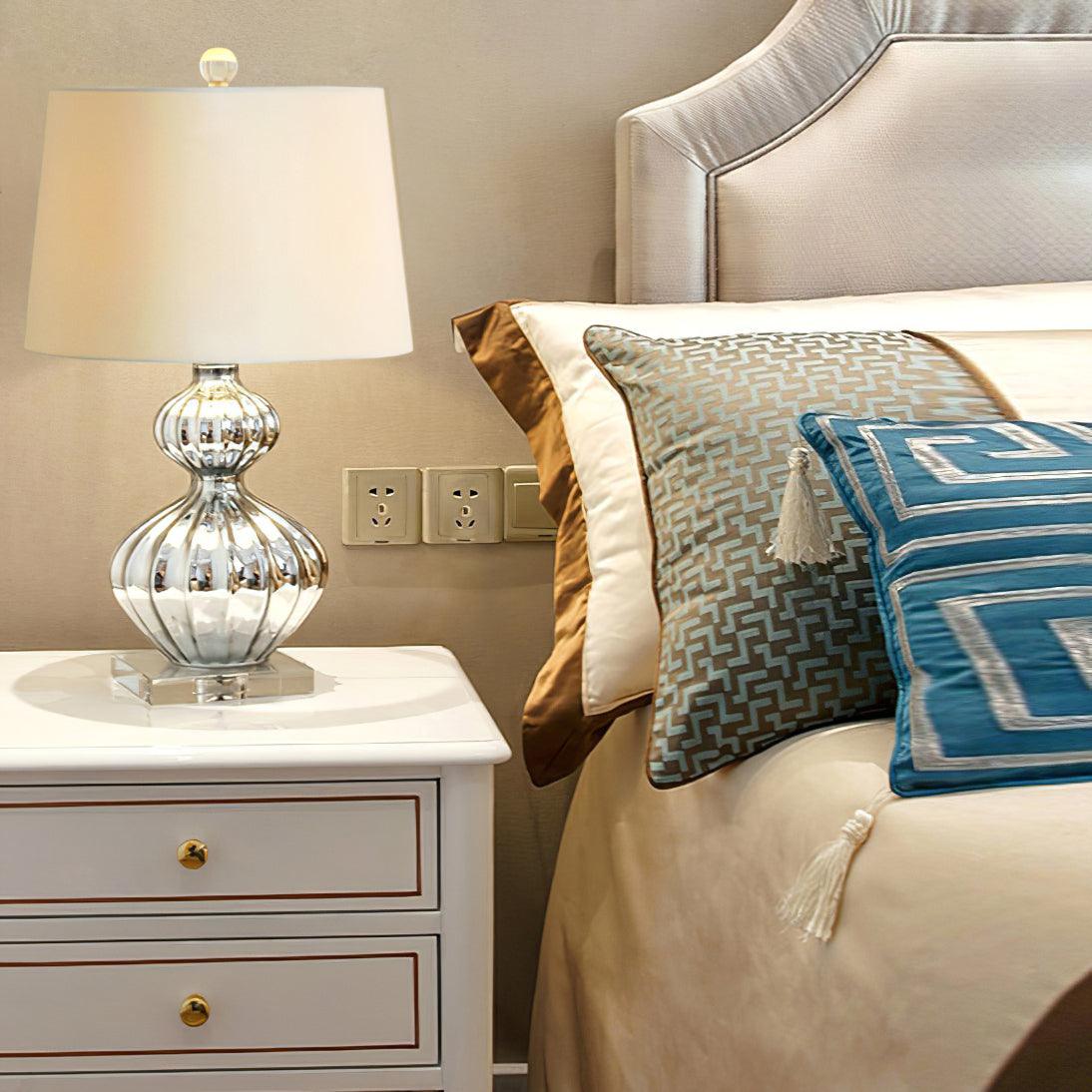 Elegant Mercury Glass Bedside Nightstand Lamp with Fabric Drum Shade Silver Finish