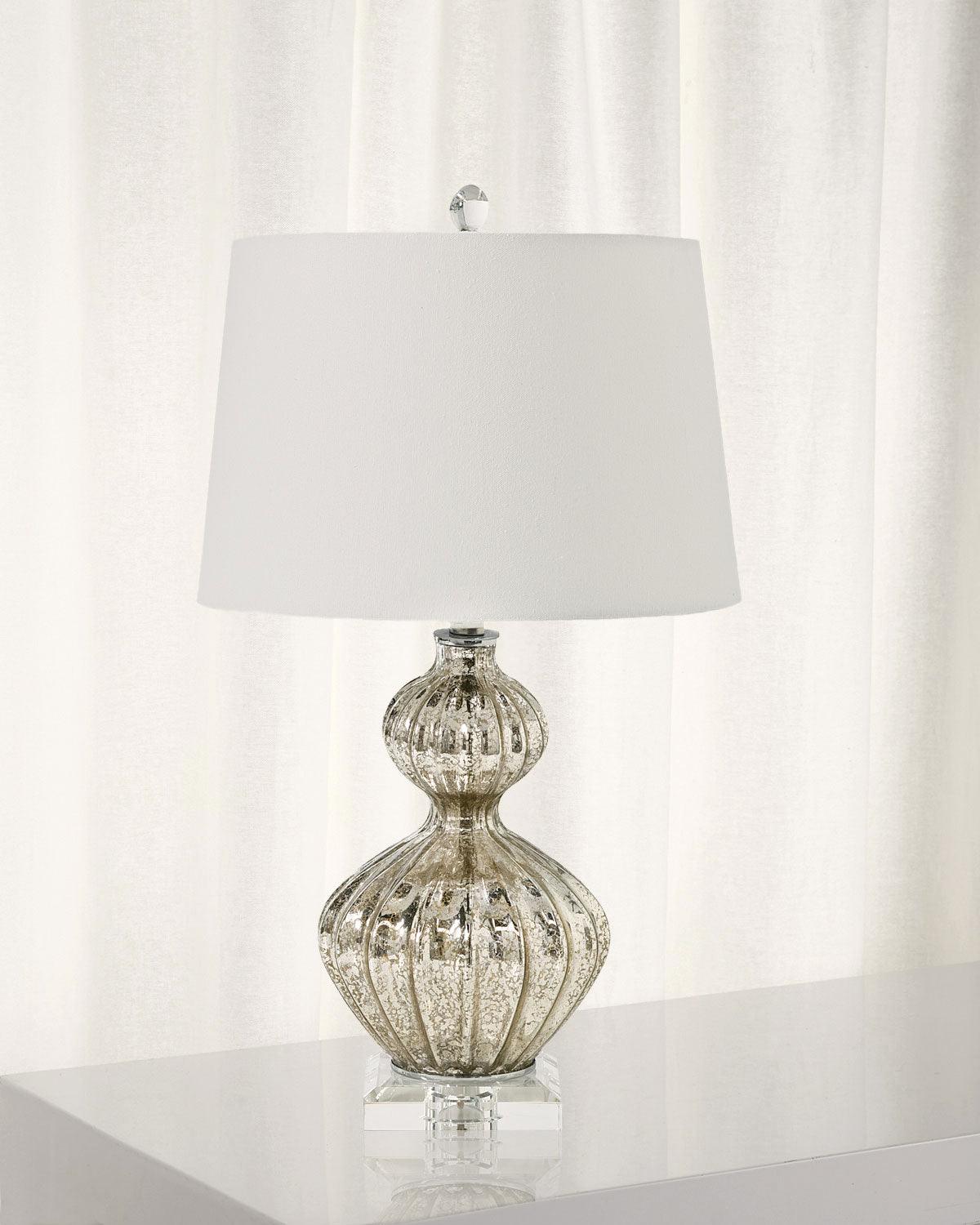 Elegant Mercury Glass Bedside Nightstand Lamp with Fabric Drum Shade Silver Finish