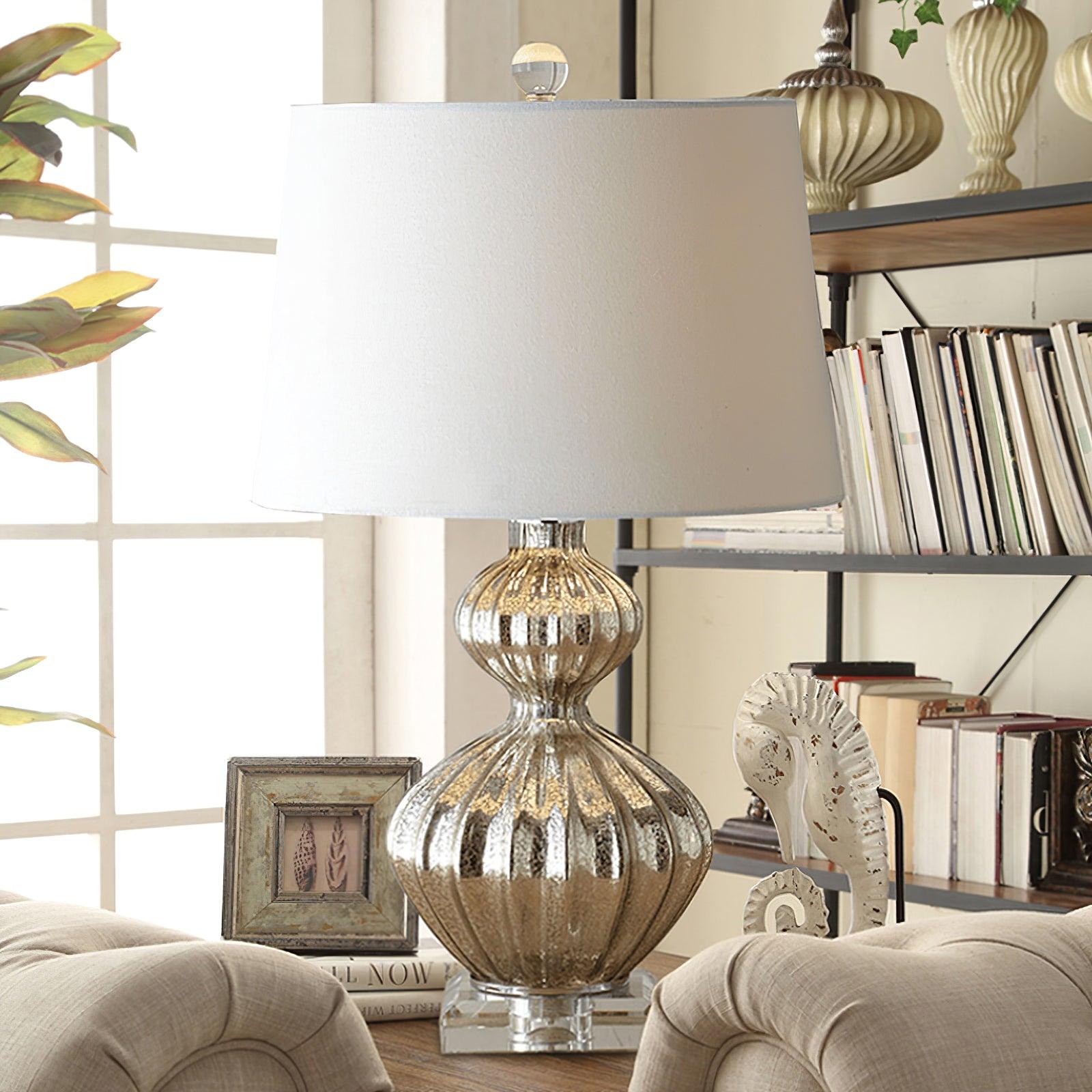 Elegant Mercury Glass Bedside Nightstand Lamp with Fabric Drum Shade Silver Finish