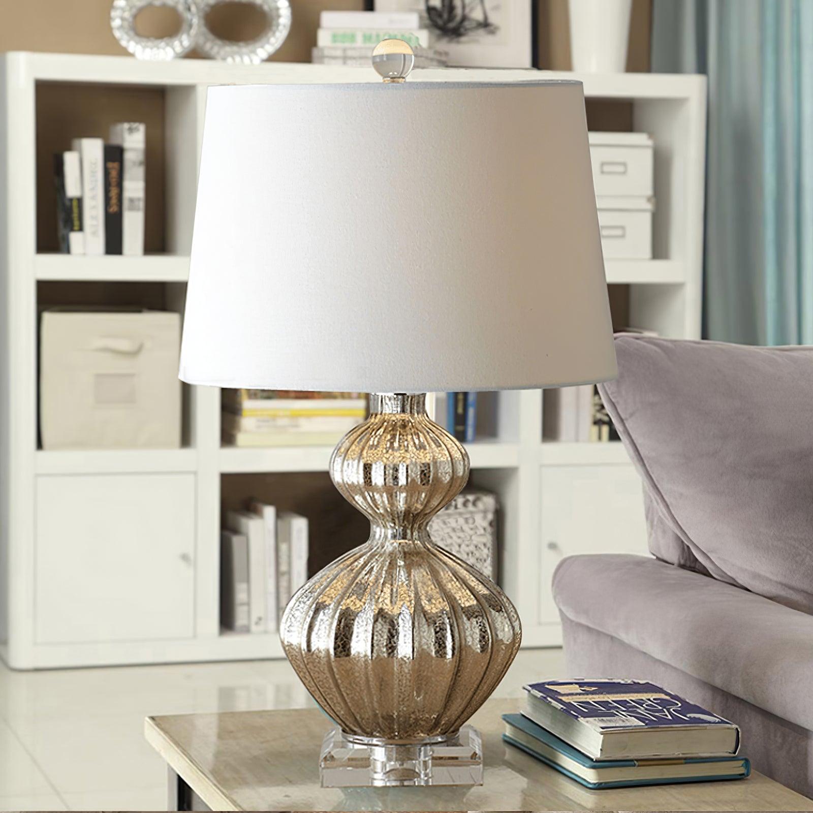 Elegant Mercury Glass Bedside Nightstand Lamp with Fabric Drum Shade Silver Finish